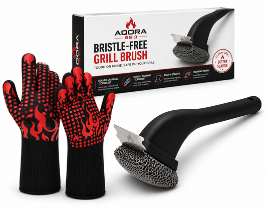 AQORA™ Bristle-Free Grill Brush – Stainless Steel Chainmail BBQ Grill Cleaner with Built-In Scraper